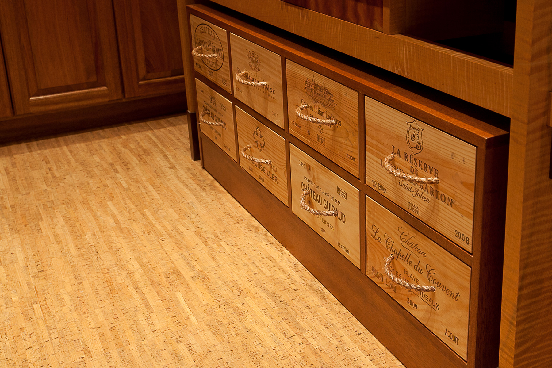 custom wine room drawers with rope handle